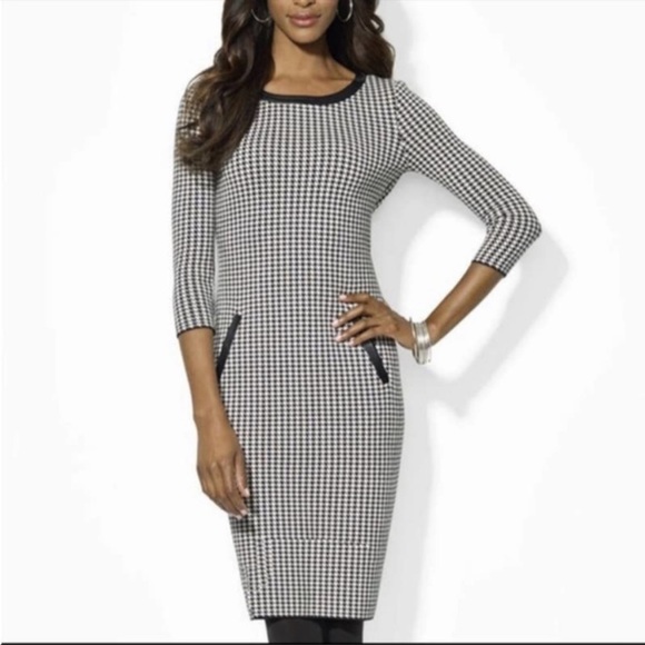 Lauren Ralph Lauren Dresses & Skirts - Lauren Ralph Lauren Black and White Houndstooth Knit Dress Faux Leather Trim S